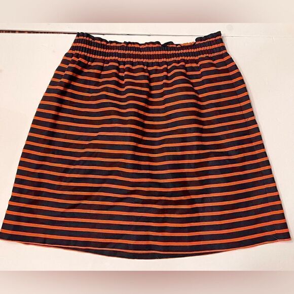 J. Crew Cotton  Linen Navy and Orange Striped Skirt Sz 4 Lined Elastic Waist - Picture 3 of 8